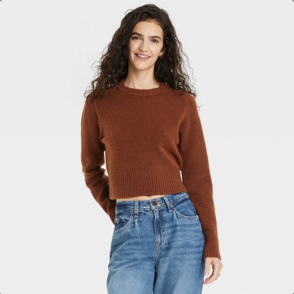 Universal Thread Womens XS Brown Cropped Crewneck Sweater Ribbed Knit Top